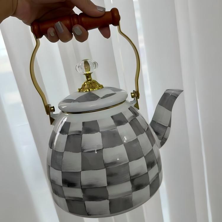 Enamel Tea Kettle / Stovetop Kettle / Vintage Coffee Pot , Grey-and-White – 2.5L (85oz / 2.6qt)