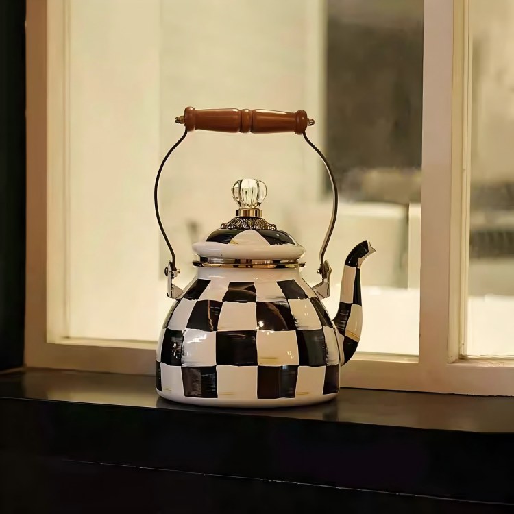 Enamel Tea Kettle / Stovetop Kettle / Vintage Coffee Pot , Grey-and-White – 2.5L (85oz / 2.6qt)