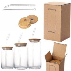 Drinking Glasses with Bamboo Lids and Glass Straw